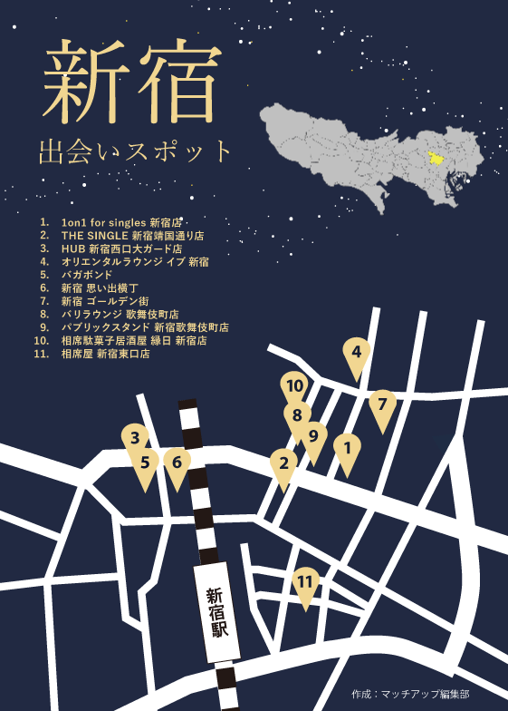 新宿の出会いスポット11選を簡易的な地図で表した画像